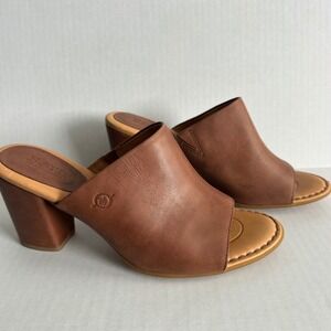 Born Womens Brown Leather Peep Toe Block Heel Mules Size 9M